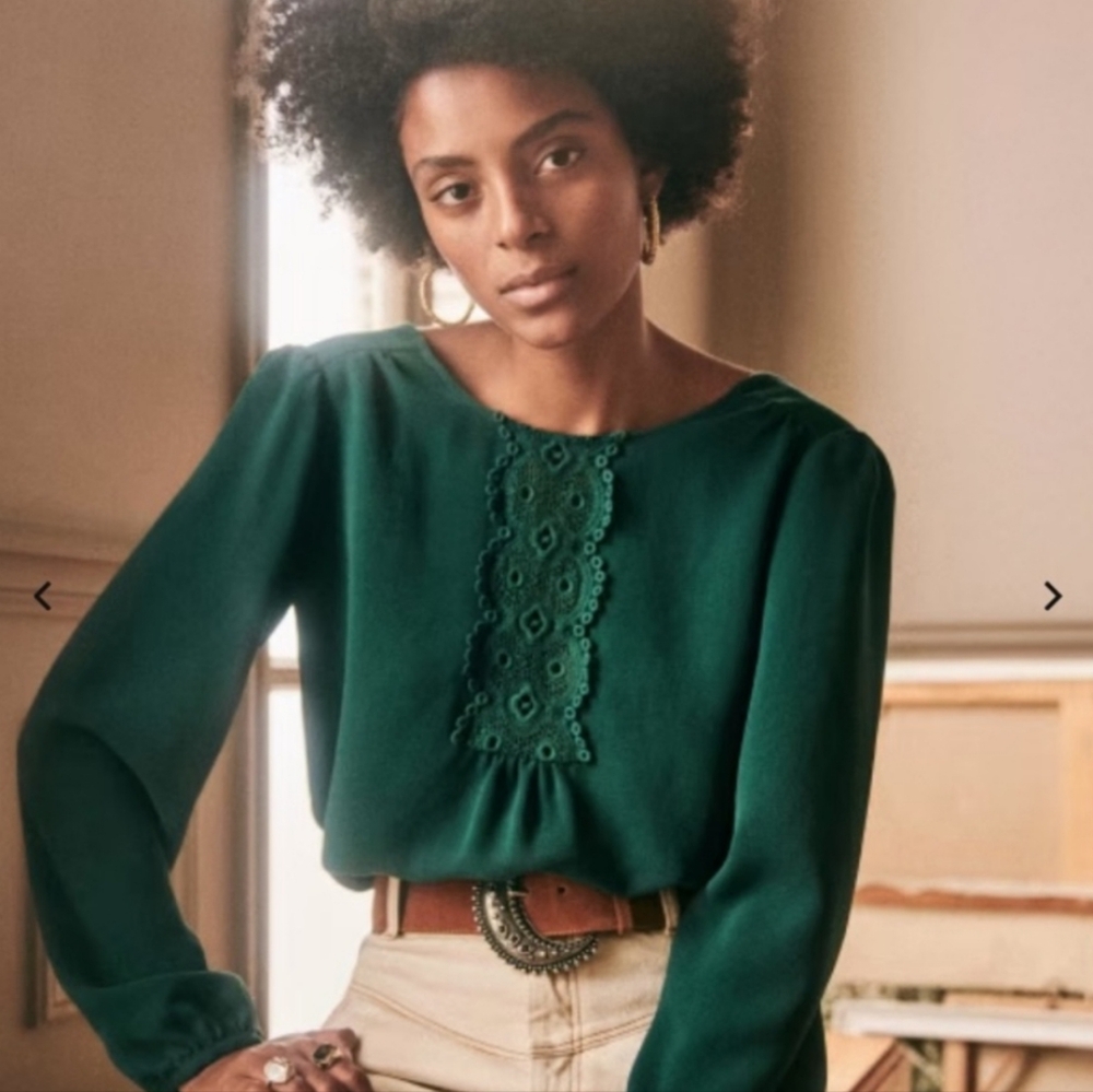 Sezane Green Blouse with Lace Detail
